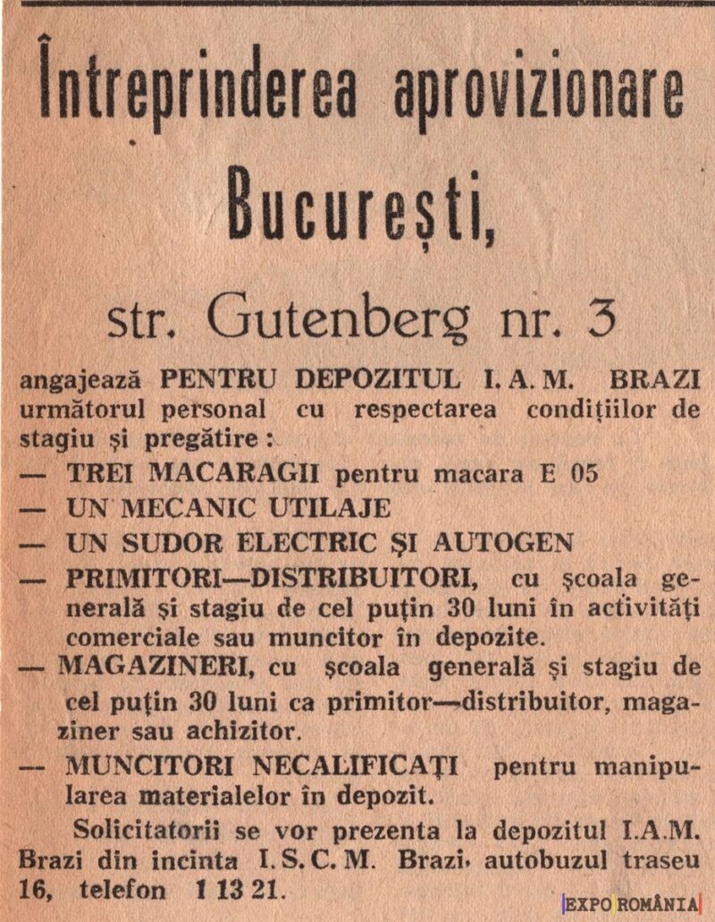 Anunț de angajare la Întreprinderea Aprovizionare București
