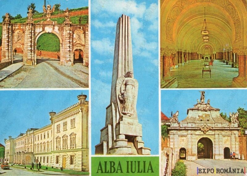 Carte poștală Alba Iulia Poarta Obeliscul Muzeul Sala Unirii - anii '70