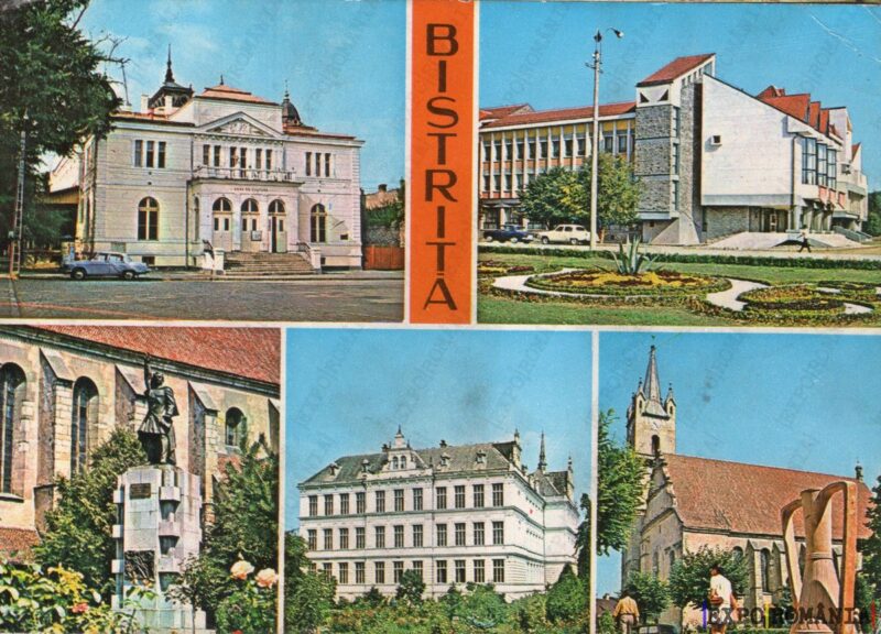 Carte poștală Bistrita Casa de Cultura Liceul Nr 1 Biserica Evanghelica Statuia Andrei Muresanu - anii '70