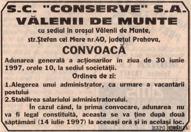 Convocare adunare generală acționari S.C. "Conserve" S.A.