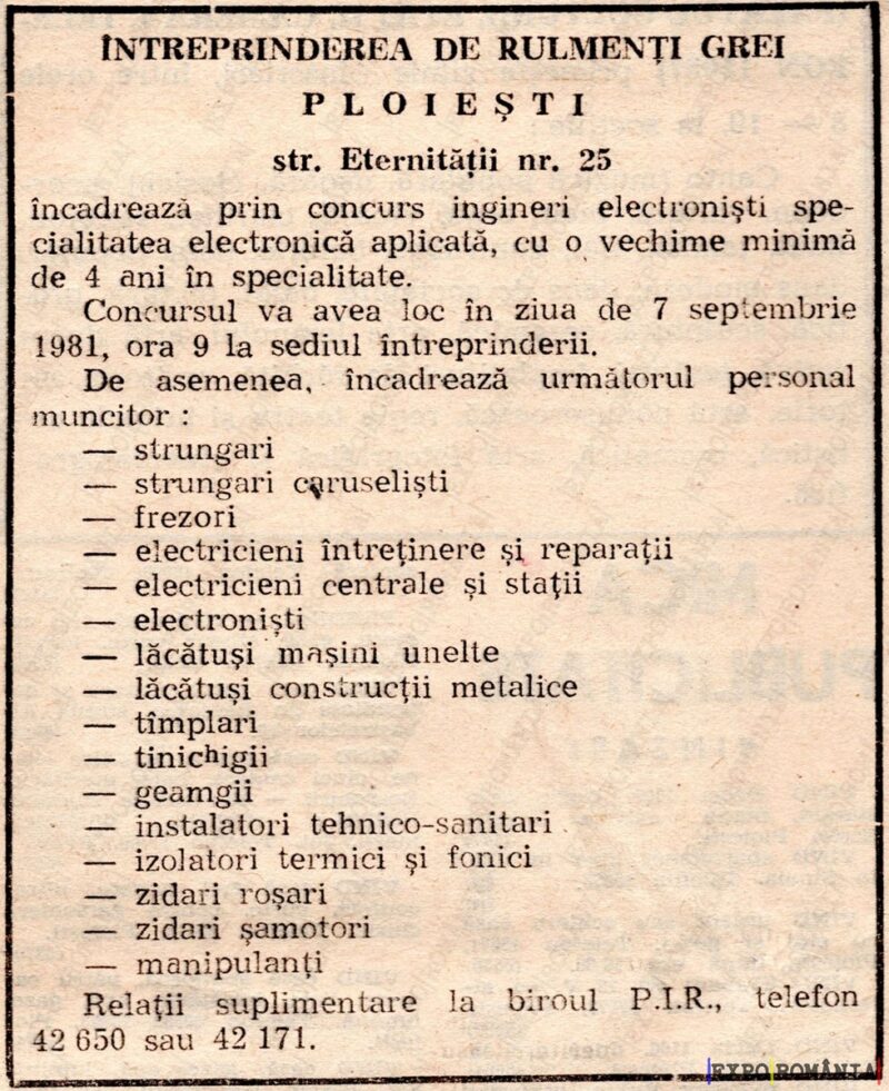 Anunț concurs ingineri electroniști Ploiești 1981